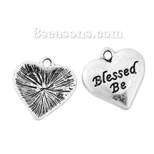 Immagine di Lega di Zinco Charms Cuore Argento Antico Messaggio " Blessed Be " 19mm x 18mm , 10 Pz