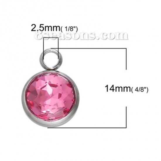 Immagine di 304 Acciaio Inossidabile Luglio Pietre Nascita Charms Tondo Tono Argento Rosso Prugna Strass Sfaccettato 14mm x 10mm , 1 Pz