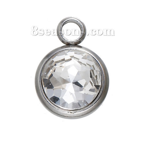 Picture of 304 Stainless Steel April Birthstone Charms Round Silver Tone Clear Rhinestone Faceted 14mm( 4/8") x 10mm( 3/8"), 1 Piece