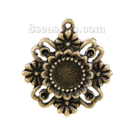 Lega di Zinco Charm Charms Tondo Bronzo Antico Basi per Cabochon (Adatto 8mm) 28mm x 25mm, 5 Pz