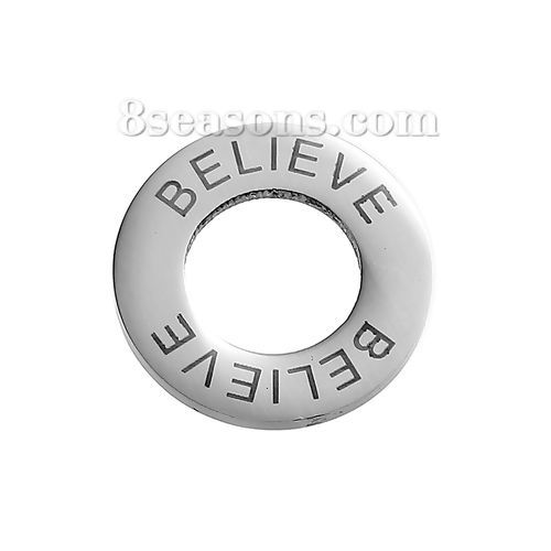 Image de Pendentifs Inspirer en 304 Acier Inoxydable Annulaire Argent Mat Gravé Mots " Believe " 22mm Dia, 2 Pcs