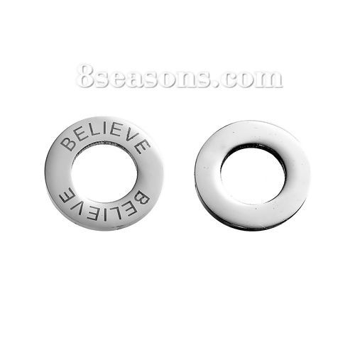 Image de Pendentifs Inspirer en 304 Acier Inoxydable Annulaire Argent Mat Gravé Mots " Believe " 22mm Dia, 2 Pcs