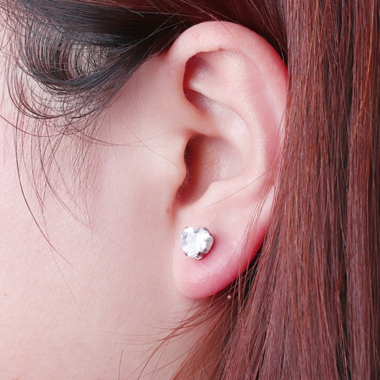 Image de Boucles d'Oreilles Puces en 304 Acier Inoxydable Zircone Cubique Argent Mat Cœur à Strass Transparent 3mm x 3mm, Epaisseur de Fil: (20 gauge), 1 Paire