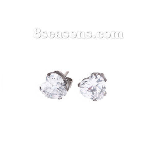 Image de Boucles d'Oreilles Puces en 304 Acier Inoxydable Zircone Cubique Argent Mat Cœur à Strass Transparent 4mm x 4mm, Epaisseur de Fil: (20 gauge), 1 Paire