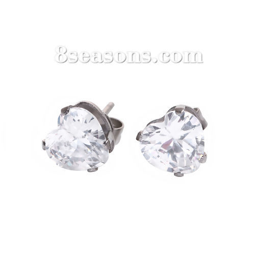 Image de Boucles d'Oreilles Puces en 304 Acier Inoxydable Zircone Cubique Argent Mat Cœur à Strass Transparent 6mm x 6mm, Epaisseur de Fil: (20 gauge), 1 Paire