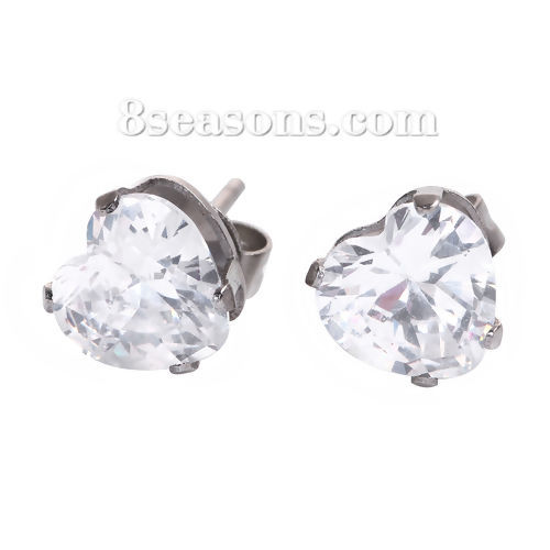 Image de Boucles d'Oreilles Puces en 304 Acier Inoxydable Zircone Cubique Argent Mat Cœur à Strass Transparent 8mm x 8mm, Epaisseur de Fil: (20 gauge), 1 Paire