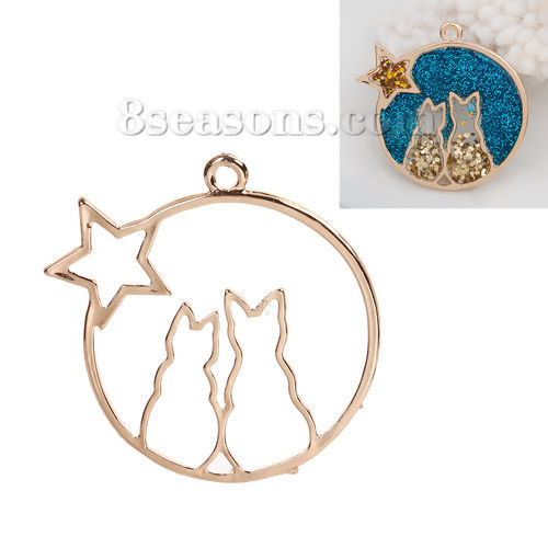 Picture of Zinc Based Alloy Open Back Bezel Pendants For Resin Pentagram Star Gold Plated Cat Carved 42mm(1 5/8") x 42mm(1 5/8"), 1 Piece