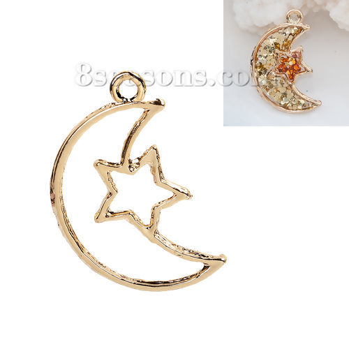 Picture of Zinc Based Alloy Open Back Bezel Pendants For Resin Half Moon Gold Plated Star Carved 30mm(1 1/8") x 19mm( 6/8"), 1 Piece