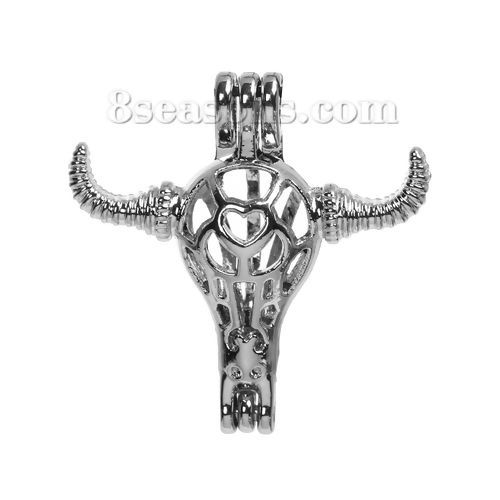 Picture of Brass 3D Wish Pearl Locket Jewelry Pendants Cow Silver Tone Can Open (Fit Bead Size: 8mm) 26mm(1") x 25mm(1"), 1 Piece