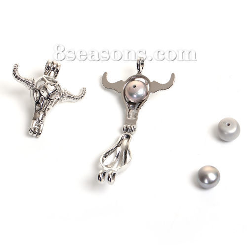 Picture of Brass 3D Wish Pearl Locket Jewelry Pendants Cow Silver Tone Can Open (Fit Bead Size: 8mm) 26mm(1") x 25mm(1"), 1 Piece