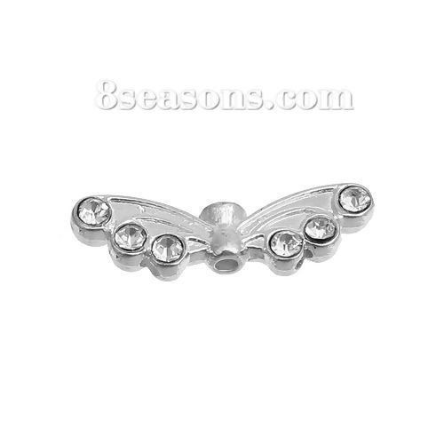 Picture of Zinc Based Alloy Spacer Beads Wing Silver Plated Clear Rhinestone 22mm x 7mm, Hole: Approx 1.4mm, 10 PCs