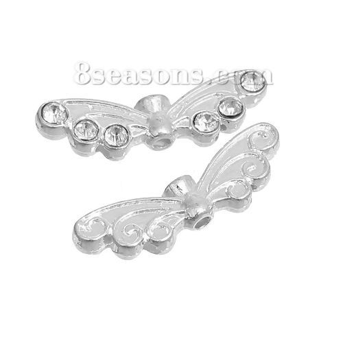 Picture of Zinc Based Alloy Spacer Beads Wing Silver Plated Clear Rhinestone 22mm x 7mm, Hole: Approx 1.4mm, 10 PCs