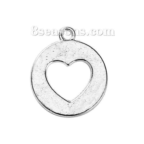 Picture of Zinc Based Alloy Cut Out Charms Round Silver Plated Heart 17mm( 5/8") x 14mm( 4/8"), 50 PCs
