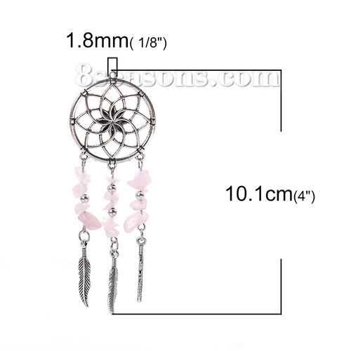 Picture of Zinc Based Alloy Pendants Dream Catcher Antique Silver Color Feather Pink Stone 10.1cm(4") x 3.5cm(1 3/8"), 1 Piece