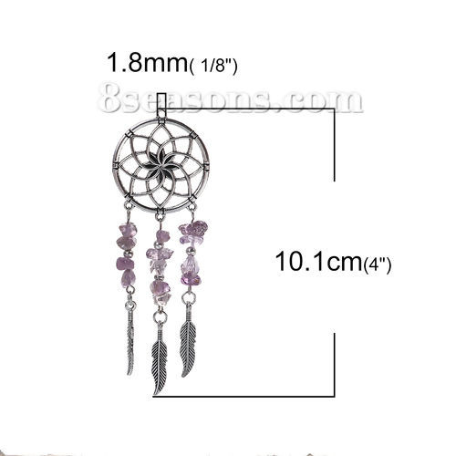 Picture of Zinc Based Alloy Pendants Dream Catcher Antique Silver Color Feather Purple Stone 10.1cm(4") x 3.5cm(1 3/8"), 1 Piece