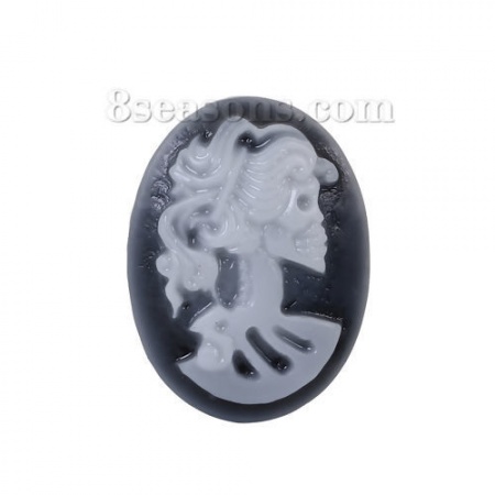 Resin Cameo Embellishments Oval Black & White Skeleton Skull Pattern 24mm(1") x 19mm( 6/8"), 10 PCs