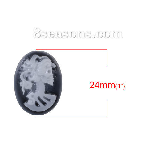 Immagine di Resina Cammeo Cabochon per Abbellimento Ovale Nero & Bianco Scheletro 24mm x 19mm, 10 Pz