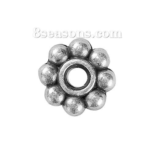 Bild von Zinklegierung Zwischenperlen Spacer Perlen Blumen Antiksilber 6mm x 6mm, Loch:ca. 1.7mm, 100 Stück