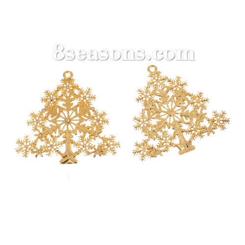 Picture of Zinc Based Alloy Pendants Tree Gold Plated Christmas Snowflake Clear Rhinestone 79mm(3 1/8") x 76mm(3"), 1 Piece