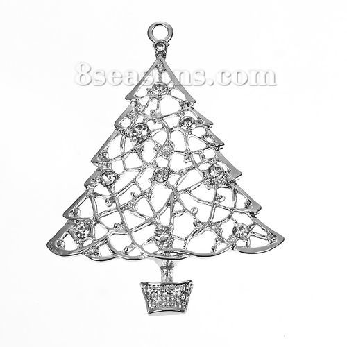 Picture of Zinc Based Alloy Pendants Christmas Tree Silver Tone Clear Rhinestone 61mm(2 3/8") x 48mm(1 7/8"), 5 PCs