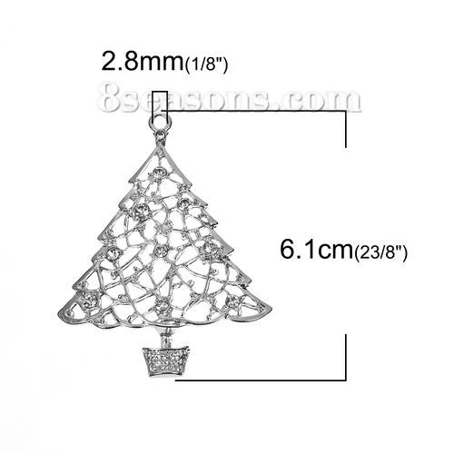 Picture of Zinc Based Alloy Pendants Christmas Tree Silver Tone Clear Rhinestone 61mm(2 3/8") x 48mm(1 7/8"), 5 PCs