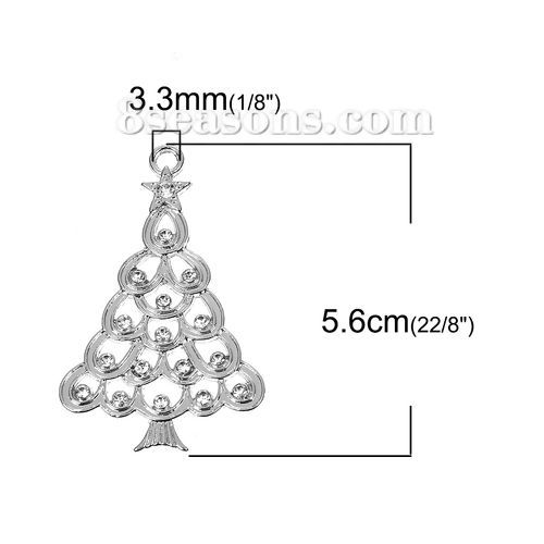 Picture of Zinc Based Alloy Pendants Christmas Tree Silver Tone Clear Rhinestone 56mm(2 2/8") x 36mm(1 3/8"), 5 PCs