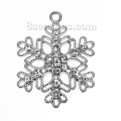 Picture of Zinc Based Alloy Pendants Christmas Snowflake Silver Tone Clear Rhinestone 40mm(1 5/8") x 32mm(1 2/8"), 5 PCs