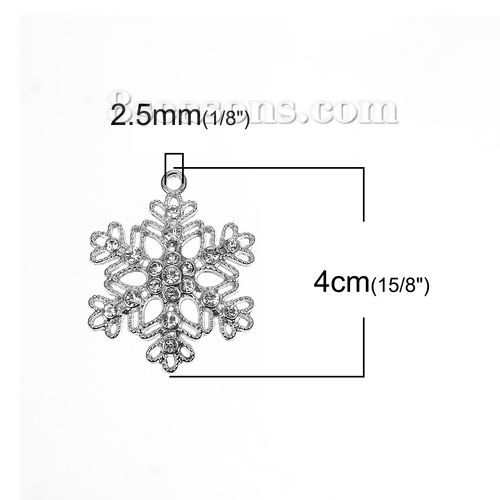 Picture of Zinc Based Alloy Pendants Christmas Snowflake Silver Tone Clear Rhinestone 40mm(1 5/8") x 32mm(1 2/8"), 5 PCs