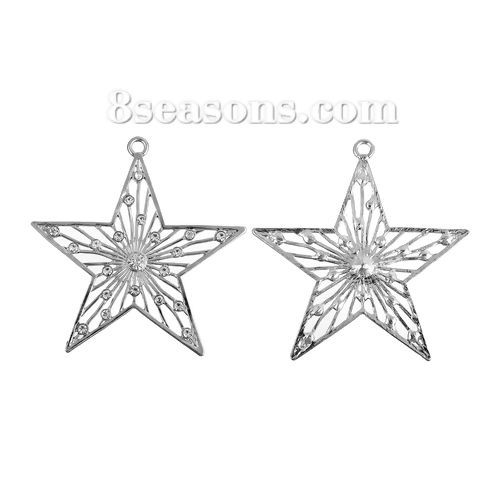 Picture of Zinc Based Alloy Pendants Pentagram Star Silver Tone Clear Rhinestone Hollow 83mm x 82mm(3 2/8"), 1 Piece