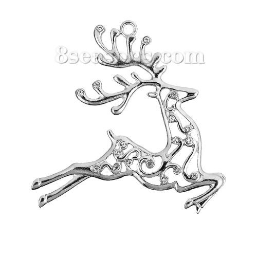 Picture of Zinc Based Alloy Pendants Pere David's Deer Silver Tone Clear Rhinestone Hollow 86mm(3 3/8") x 84mm(3 2/8"), 1 Piece