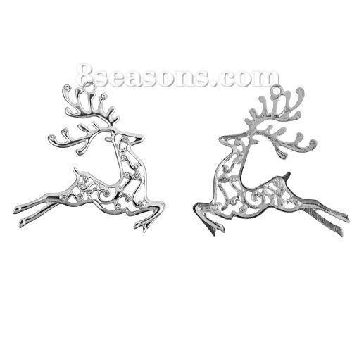 Picture of Zinc Based Alloy Pendants Pere David's Deer Silver Tone Clear Rhinestone Hollow 86mm(3 3/8") x 84mm(3 2/8"), 1 Piece