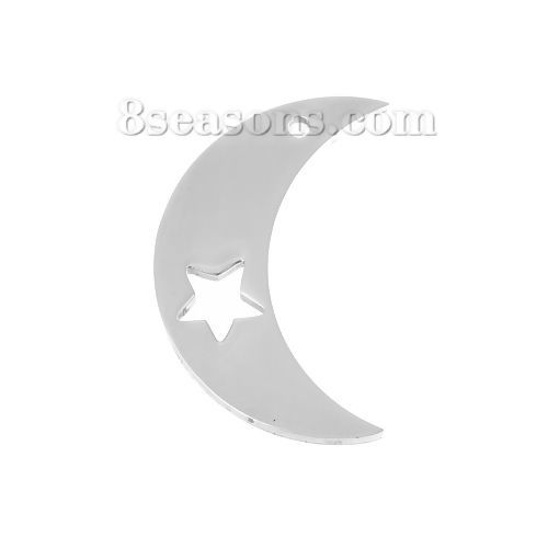 Picture of Stainless Steel Cut Out Charms Half Moon Silver Tone Star 25mm(1") x 16mm( 5/8"), 3 PCs