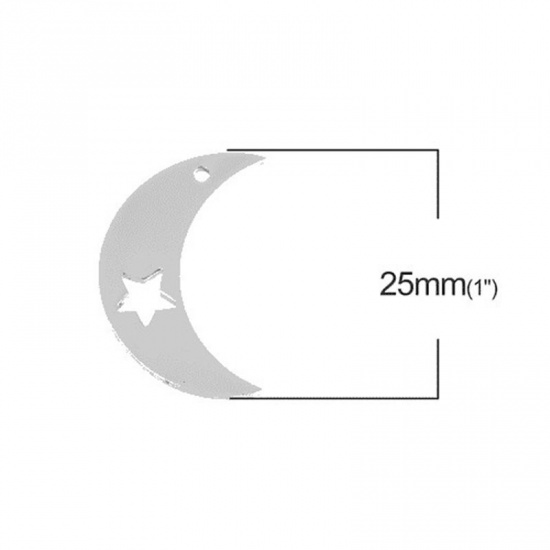 Picture of Stainless Steel Cut Out Charms Half Moon Silver Tone Star 25mm(1") x 16mm( 5/8"), 3 PCs