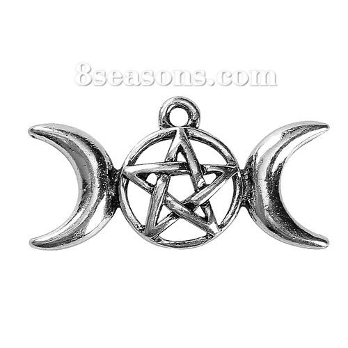 Picture of Zinc Based Alloy Charms Half Moon Antique Silver Color Star 29mm(1 1/8") x 15mm( 5/8"), 20 PCs