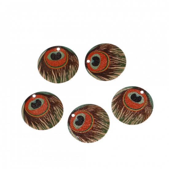 Picture of Brass Enamel Painting Charms Gold Plated Multicolor Peacock Feather Round Sparkledust 20mm Dia., 5 PCs                                                                                                                                                        