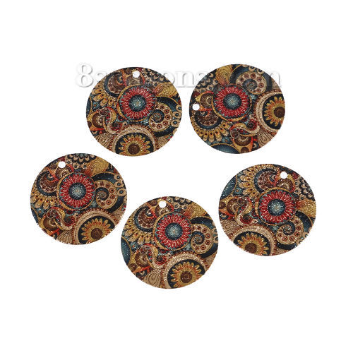 Picture of Brass Enamel Painting Charms Gold Plated Multicolor Round Flower Sparkledust 20mm Dia., 5 PCs                                                                                                                                                                 