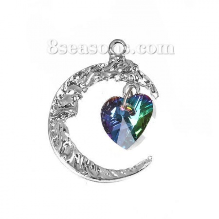 Imagen de Latón AB Rainbow color Aurora Borealis Colgantes Charms Corazón Tono de Plata Verde Luna Cara AB Color Rhinestone Facetas 26mm x 19mm, 5 Unidades