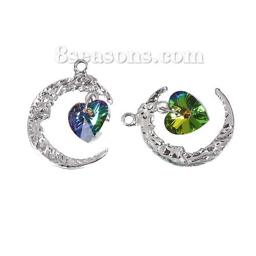Picture of Brass AB Rainbow Color Aurora Borealis Charms Heart Silver Tone Green Moon Face AB Color Rhinestone Faceted 26mm(1") x 19mm( 6/8"), 5 PCs                                                                                                                     