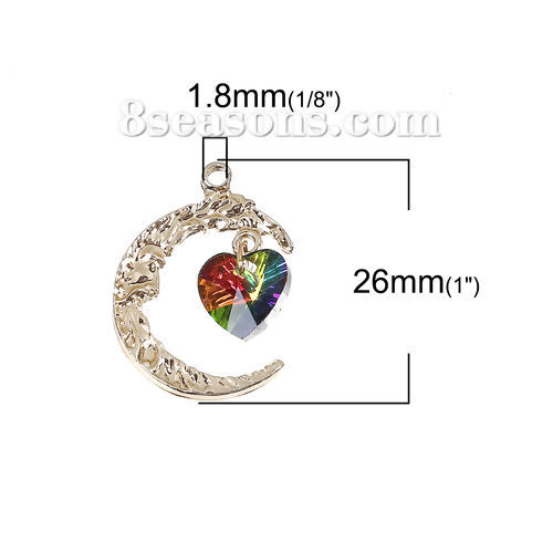 Picture of Brass AB Rainbow Color Aurora Borealis Charms Heart Gold Plated Green Moon Face AB Color Rhinestone Faceted 26mm(1") x 19mm( 6/8"), 5 PCs                                                                                                                     