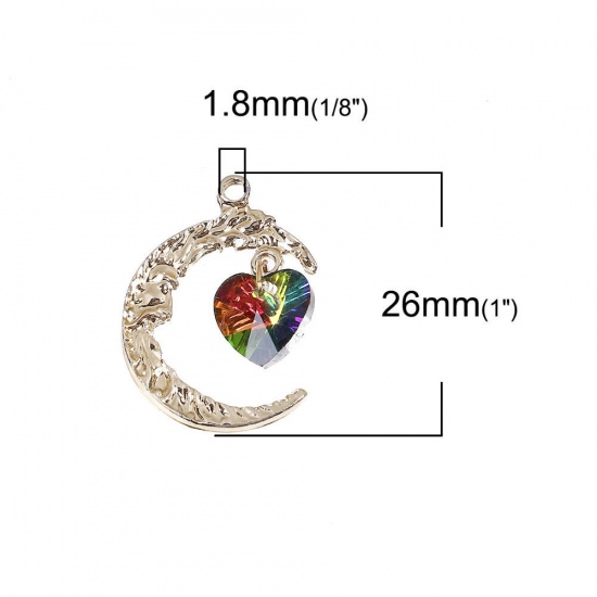 Picture of Brass AB Rainbow Color Aurora Borealis Charms Heart Gold Plated Green Moon Face AB Color Rhinestone Faceted 26mm(1") x 19mm( 6/8"), 5 PCs                                                                                                                     