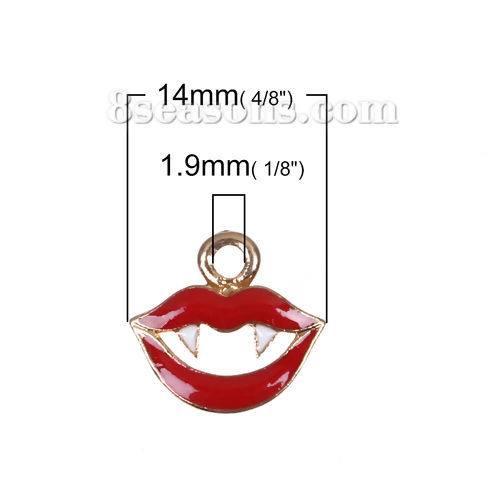 Picture of Zinc Based Alloy Halloween Charms Lip Gold Plated White & Red Enamel 14mm( 4/8") x 13mm( 4/8"), 20 PCs
