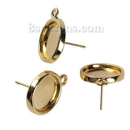 Picture of Zinc Based Alloy Ear Post Stud Earrings Findings Round Gold Plated Cabochon Settings (Fit 13mm Dia.) W/ Loop 20mm( 6/8") x 16mm( 5/8"), Post/ Wire Size: (20 gauge), 10 PCs