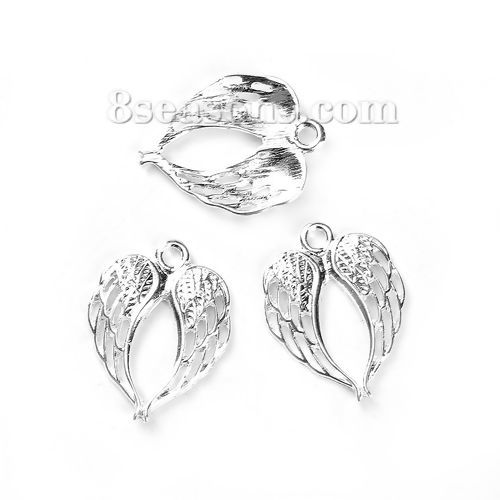 Picture of Zinc Based Alloy Charms Wing Silver Plated 22mm( 7/8") x 17mm( 5/8"), 30 PCs