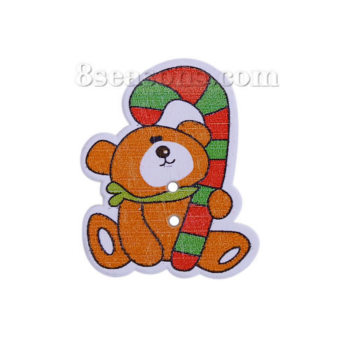 Immagine di Tre-Laminati Bottone da Cucire Scrapbook Due Fori Natale Marrone Orso Disegno 32mm x 25mm, 50 Pz