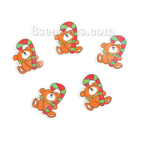 Immagine di Tre-Laminati Bottone da Cucire Scrapbook Due Fori Natale Marrone Orso Disegno 32mm x 25mm, 50 Pz