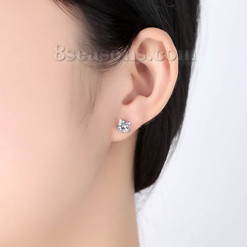 Picture of Brass Ear Post Stud Earrings Silver Tone Clear Cubic Zirconia Cat Animal 8mm( 3/8") x 8mm( 3/8"), Post/ Wire Size: (20 gauge), 1 Pair                                                                                                                         