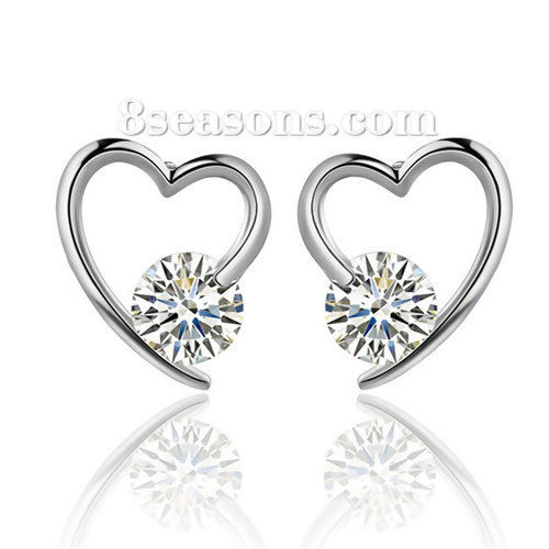 Picture of Brass Ear Post Stud Earrings Silver Tone Clear Cubic Zirconia Heart 13mm( 4/8") x 12mm( 4/8"), Post/ Wire Size: (20 gauge), 1 Pair                                                                                                                            