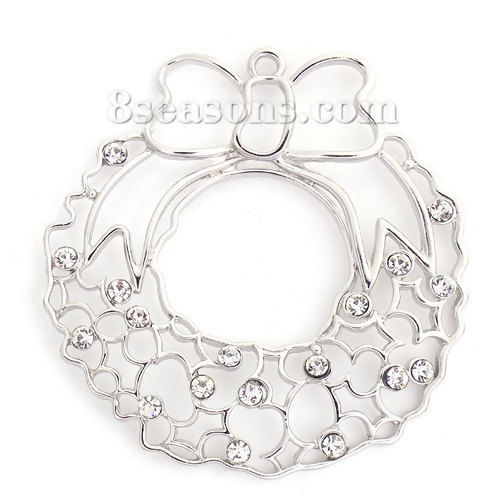 Picture of Zinc Based Alloy Pendants Christmas Wreath Silver Tone Clear Rhinestone Hollow 85mm(3 3/8") x 81mm(3 2/8"), 1 Piece