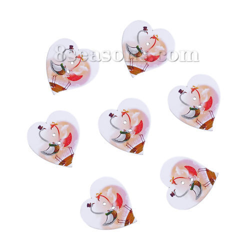 Picture of Natural Wood Sewing Buttons Scrapbooking 2 Holes Heart Multicolor Bird Pattern 29mm(1 1/8") x 28mm(1 1/8"), 50 PCs