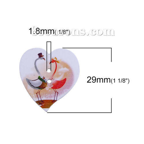 Picture of Natural Wood Sewing Buttons Scrapbooking 2 Holes Heart Multicolor Bird Pattern 29mm(1 1/8") x 28mm(1 1/8"), 50 PCs